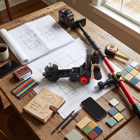 Pro Grade Fine Tuning Bracket Level Adapter with L Shape Magnetic Pivoting Base on table with tools and blueprints.
