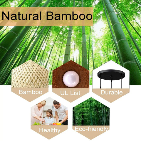 Bamboo Wicker Rattan Three Head Ceiling Light Fixture With E26 And E27 Base Retro Rustic Farmhouse Chandelier visuals
