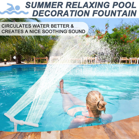 Dual Spray Head Pool Fountain Waterfall Kit With Two Heads For Above Ground And In Ground Pools Cools And Warms Water Faster Dope Water Aerator Backyard Decor For Indoor Or Outdoor Pools in use on a sunny day, with water spraying into a pool where a person relaxes.