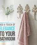 Distressed White Cast Iron Wall Hooks Set Of Three Dang Sturdy Farmhouse Coat Rack Hardware with pink towel in bathroom.
