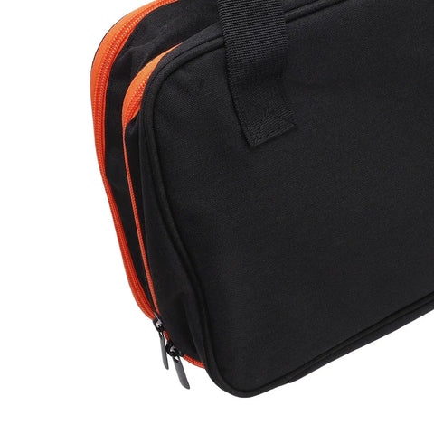 Double Layer Protective Carrying Case For Circuit Breaker Finders And Electrician Tools A Tough Compact Bag with black fabric and orange zippers.