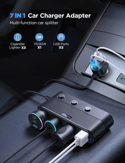 7 In 1 Cigarette Lighter Car Charger With 179W Total Power, 4 USB Ports And 3 Lighter Sockets, in use inside car