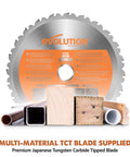 TCT blade for 8-1/4 Inch Convertible Miter And Table Saw cutting wood, plastic, metal with visible multi-material samples