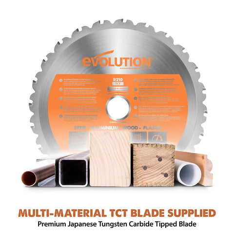 TCT blade for 8-1/4 Inch Convertible Miter And Table Saw cutting wood, plastic, metal with visible multi-material samples