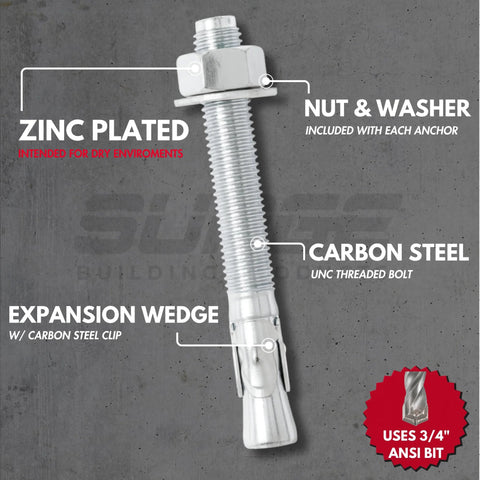 Heavy-Duty 3/4 Inch Wedge Anchors For Concrete And Cement Zinc Plated Rust-Resistant Carbon Steel with nut and washer shown