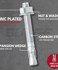 Heavy Duty Three Quarters Inch Wedge Anchors For Concrete And Cement With Zinc Plating Seven Inch Length Box Of Twenty For Reliable Hold In CMU And Block Rust Resistant Fastening shown with zinc plating and expansion wedge details