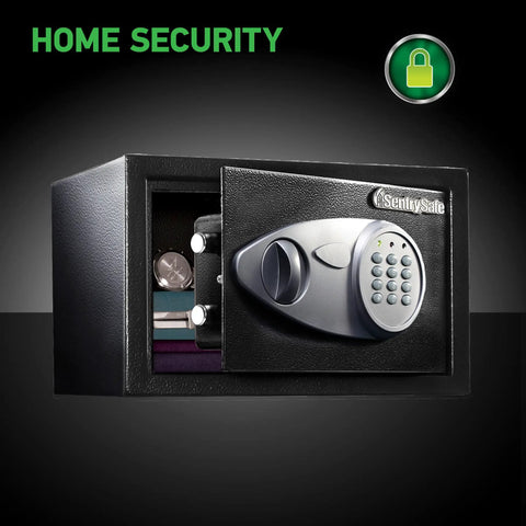 Digital Keypad Steel Safe With Interior Lining And Bolt Down Kit For Money Jewelry And Electronics About Half Cubic Foot Eight Point Seven By Thirteen Point Eight By Nine Point Seven Inches Home Safe For Daily Use And Quick Access open with keypad visible