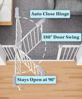 Top view of adjustable baby gate for pets 29 to 39.6 inches wide, 30 inch tall, in hallway showing auto close and door swing.