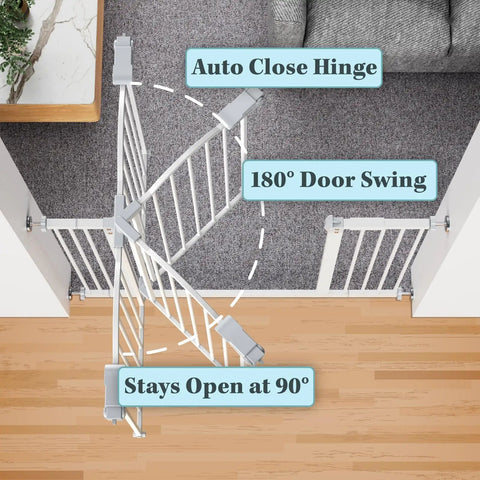 Top view of adjustable baby gate for pets 29 to 39.6 inches wide, 30 inch tall, in hallway showing auto close and door swing.