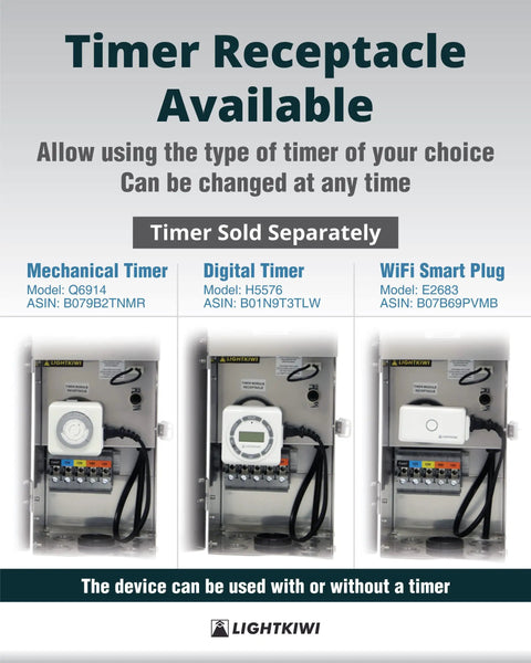 Timer receptacle options for Rock Solid 300W Landscape Transformer With Multi Tap 12 13 14 15 Volt Output Weatherproof Outdoor Power Supply