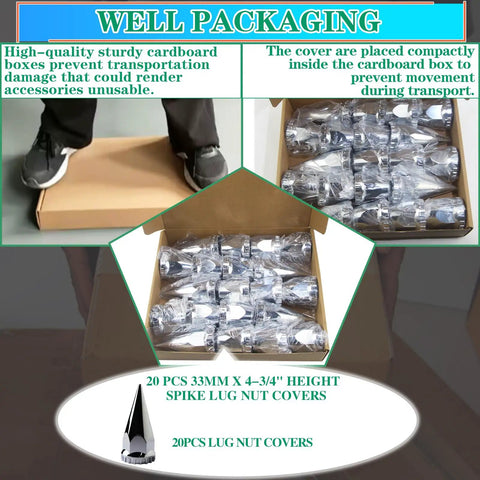 Packaging of Twenty Pack 33mm Lug Nut Covers Thread On Four And Three Quarters Inch Spike Style Screw On Tough ABS Chrome