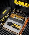 Crimping Tool Kit With 14 Type Open Spade And Quick Disconnect Connector Set displayed in open case and box