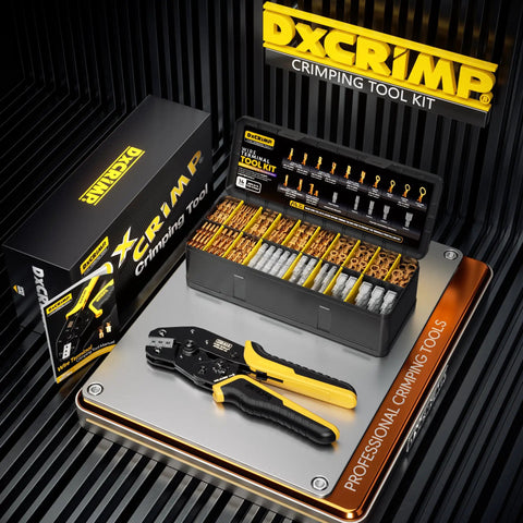 Crimping Tool Kit With 14 Type Open Spade And Quick Disconnect Connector Set displayed in open case and box