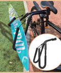 Heavy-Duty Bike Surfboard Carrier Bracket For Ride-Ready Trips mounted on bike with surfboard, adjustable aluminum side rack