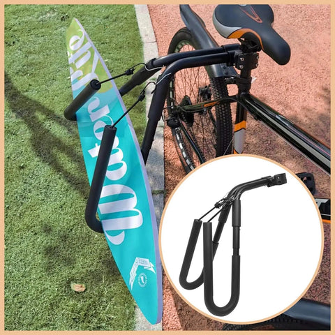 Heavy-Duty Bike Surfboard Carrier Bracket For Ride-Ready Trips mounted on bike with surfboard, adjustable aluminum side rack