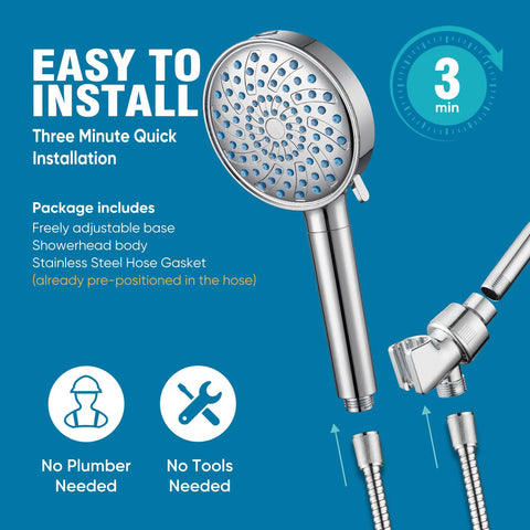 Filtered Handheld Shower Head With High Pressure, 7 Mode, For Hard Water, Chrome Finish, with easy installation instructions.