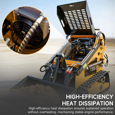 Mini Crawler Skid Steer Loader With 13.5HP EPA RATO Gasoline Engine showing open engine compartment and heat dissipation details