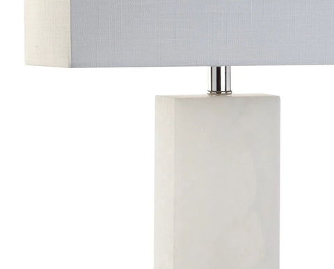 Close-up of White Alabaster 27 Inch Rectangular Table Lamp with White Linen Shade, Modern Bedside Nightstand Light for a Cozy Living Room