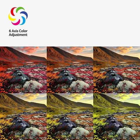 Image of six landscape photos showing color differences with 6 Axis Color Adjustment text, illustrating color adjustment feature.