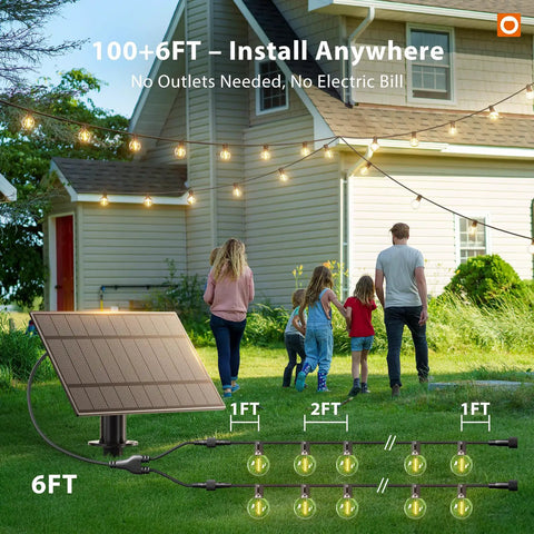 Outdoor Solar String Lights With Remote No Outlet Needed, 106 Ft Total Length, 54 LED Shatterproof G40 Bulbs, house background