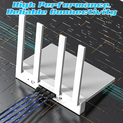 Router connected with multiple 30Ft Cat6 Ethernet Cable Patch Cable for fast home network, showing reliable connectivity and performance.