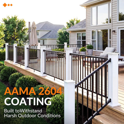 Rock Solid Aluminum Porch And Deck Railing Kit With 6 Foot Span And 36 Inch Height Astm Certified Outdoor Balcony Fencing Without Posts That Guarantees Dead Serious Safety For Your Patio installed on a deck with shrubs.