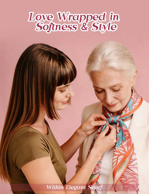 Young woman tying floral scarf on older woman against pink background
