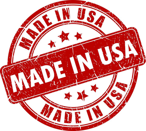 Red circular stamp with text 'Made in USA' and three stars, symbolizing manufacturing origin.