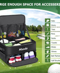 Golf Trunk Organizer With Shoe Storage And Ventilated Compartment Waterproof Car Trunk Locker displayed with golf gear
