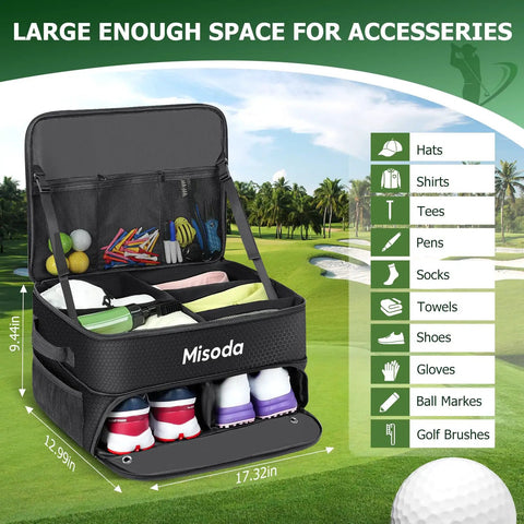 Golf Trunk Organizer With Shoe Storage And Ventilated Compartment Waterproof Car Trunk Locker displayed with golf gear