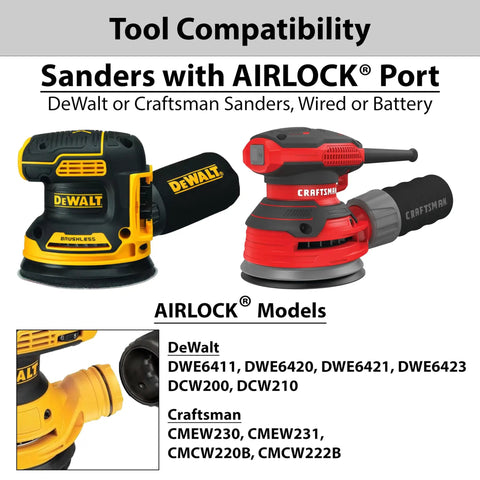 2-1/2 Inch Dust Hose Adapter For DeWalt And Craftsman Sanders, Connects 2-1/2 Inch Dust Collection Hose To DWE6411 DWE6420 DWE6421 DWE6423 DCW200 DCW210 CMEW230 CMEW231 CMCW220B CMCW222B, Made In USA, showing tool compatibility.