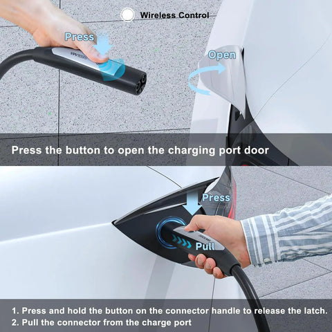 Instructions for connecting Tesla Level 2 EV Charger 32Amp 240V 7.68kW NACS Compatible to an electric vehicle port.
