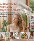 Woman using the Hands Free High Speed Hair Dryer With Floor Stand 110000 RPM Brushless Motor Ionic Negative Ion Tech Ultra Quiet Three Air Outlets Remote Control Low Noise Fast Dry For Home Salon near a window indoors.