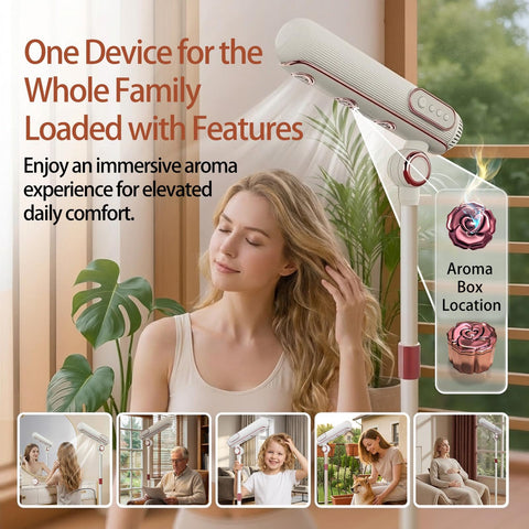 Woman using the Hands Free High Speed Hair Dryer With Floor Stand 110000 RPM Brushless Motor Ionic Negative Ion Tech Ultra Quiet Three Air Outlets Remote Control Low Noise Fast Dry For Home Salon near a window indoors.