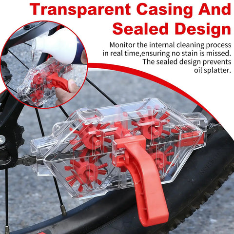 Clear View Bike Chain Cleaner Kit with transparent casing and red handle attached to a bike chain for real-time monitoring.