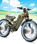 Badass Dual Motor Electric Bike For Adults With 200 Mile Range And Heckin Smooth Full Suspension 26 Inch Fat Tires 4000W Power 52 Volt Battery Reaches 46 MPH Top Speed, green frame.