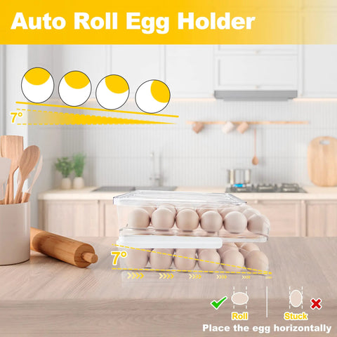 Two Layer Stackable Egg Organizer For Refrigerator Holds 36 Eggs In Clear Plastic Trays With Auto Roll Sloped Design