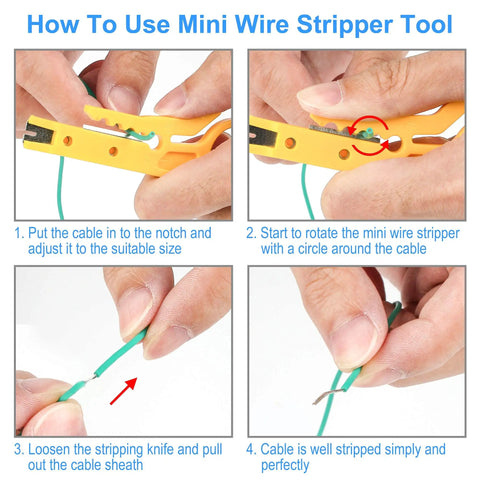 Step-by-step guide using mini wire stripper on 22 Gauge Stranded Hookup Wire Kit, 6 Color PVC Insulated, 26 Feet Per Roll