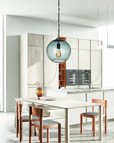 Hand Blown Glass Pendant Light In Fir Green Seeded Bubbles, Cool Modern Farmhouse Globe Ceiling Fixture For Kitchen Island