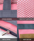 Close-up of mesh shower caddy bag with strong webbing, heavy duty quick dry pink mesh, and metal zipper detail.