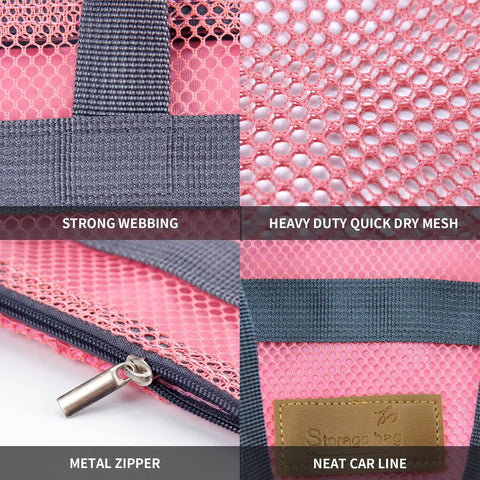 Close-up of mesh shower caddy bag with strong webbing, heavy duty quick dry pink mesh, and metal zipper detail.