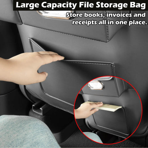 Custom Fit Seat Back Kick Protector And Rear Organizer For Tesla Model Y Model 3 Model S And X showing file storage bag and hand inserting documents.