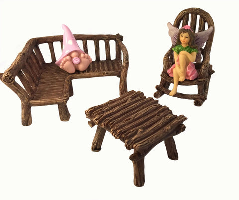 Three Piece Fairy Garden Furniture Set With Rustic Wood Bench, Rocking Chair And Mini Table For Your Garden Fairies Made From Resin
