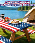 All American Patriotic Picnic Table Cover Set With Bench Covers American Flag Waterproof Windproof Fitted Tablecloth Elastic 72x30 Inch Table Cover For 4th Of July And 250th Anniversary Outdoor Camping Memorial Day Decor on picnic table by tent