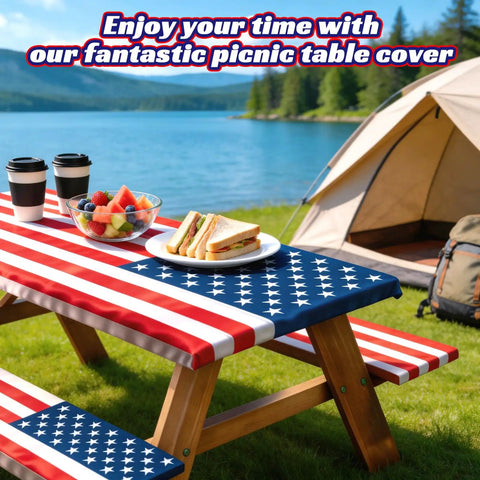 All American Patriotic Picnic Table Cover Set With Bench Covers American Flag Waterproof Windproof Fitted Tablecloth Elastic 72x30 Inch Table Cover For 4th Of July And 250th Anniversary Outdoor Camping Memorial Day Decor on picnic table by tent