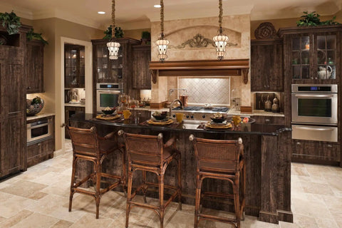 Rustic kitchen with dark walnut cabinets and island, showcasing brown wood plank peel and stick wallpaper for walls and surfaces.
