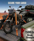 Beefy Ratchet Tie Down Straps 2 Pack 1 Inch By 15 Feet securing a motorcycle in a truck bed with durable orange straps.