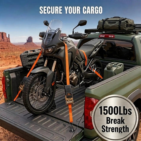 Beefy Ratchet Tie Down Straps 2 Pack 1 Inch By 15 Feet securing a motorcycle in a truck bed with durable orange straps.