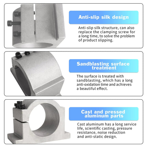 100mm CNC Spindle Motor Clamp Mount Bracket With 3 Screws showing anti-slip, sandblasted aluminum features.