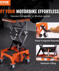 Hydraulic Motorcycle Lift Table With Wide Deck 350 Lbs Capacity Foot Operated Jack For Dirt Bikes And ATVs J Hooks 4 Wheels